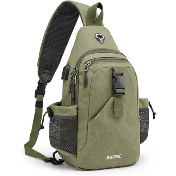 Canvas Sling Bag Crossbody Backpack with USB Charging Port &RFID Blocking,Hiking - Picture 7 of 7